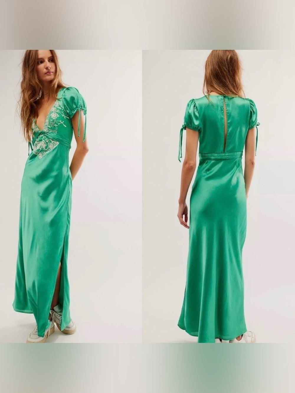 free people green satin cooper maxi dress
